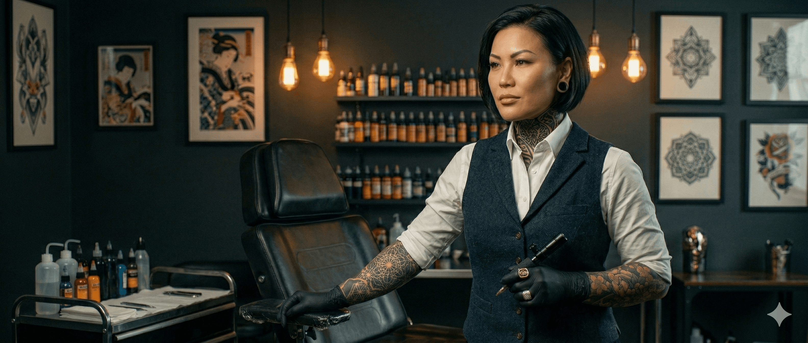 Professional tattoo studio interior with warm Edison bulb lighting